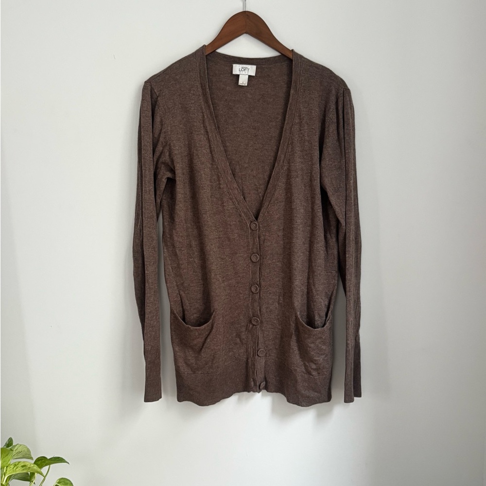 LOFT Brown Long-Sleeve Button Cardigan with Pockets